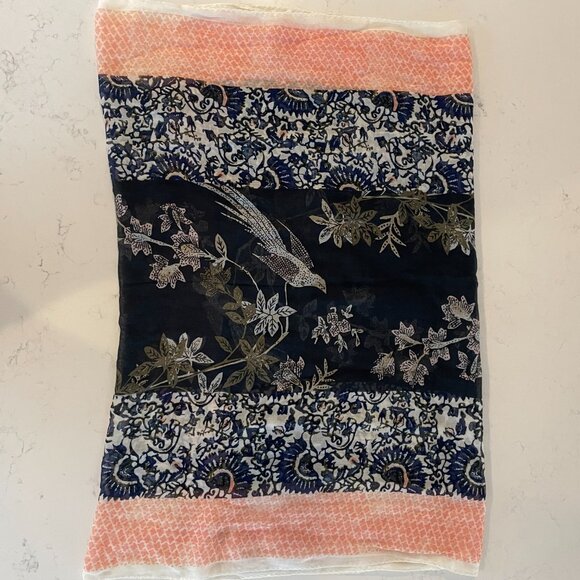 Tory Burch Inspired Lightweight Nature Print Viscose Blend Scarf Navy Peach OS - Picture 9 of 12